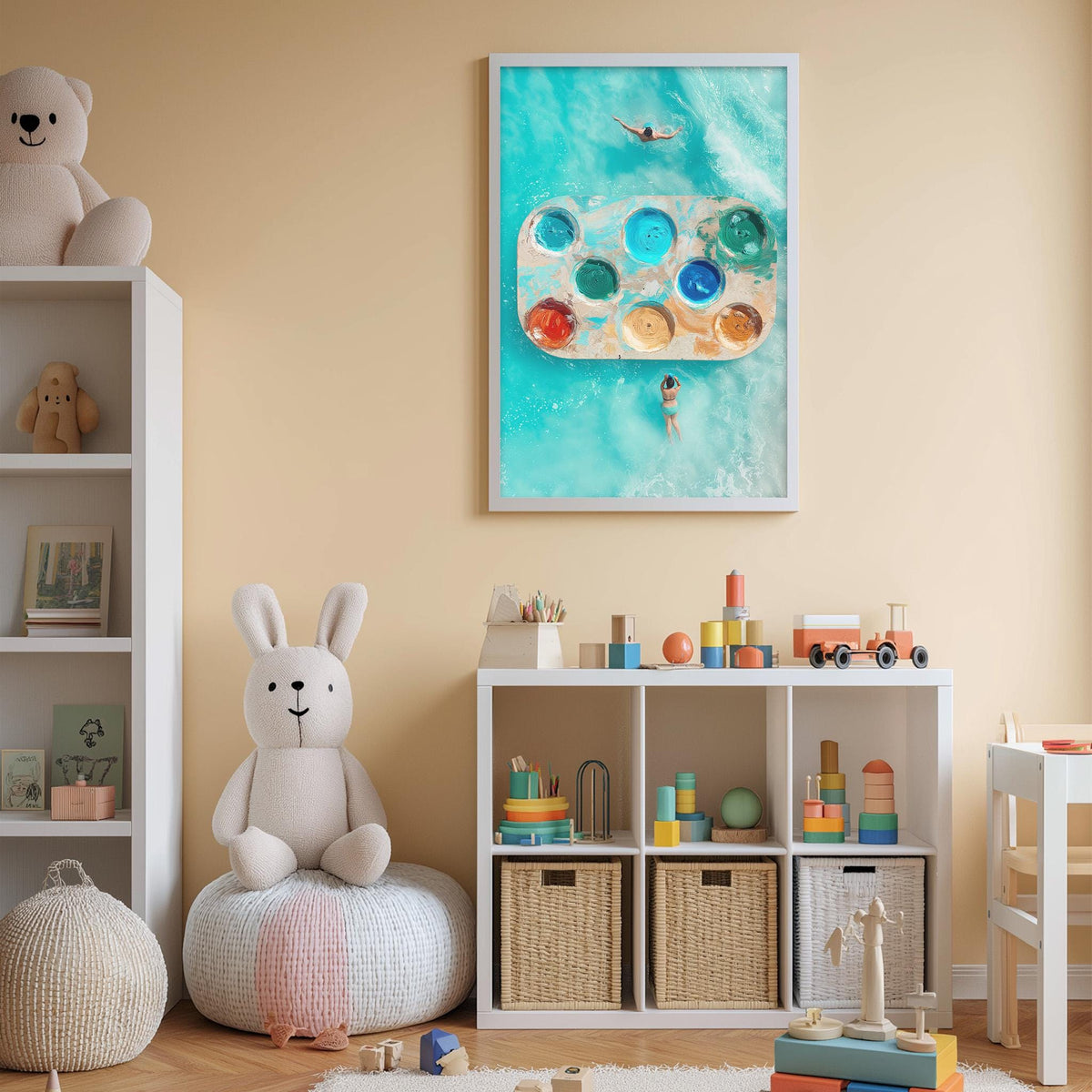 a child's bedroom with a large white bookshelf, a stuffed rabbit, a colorful painting of a swimming pool, and various toys and storage bins.