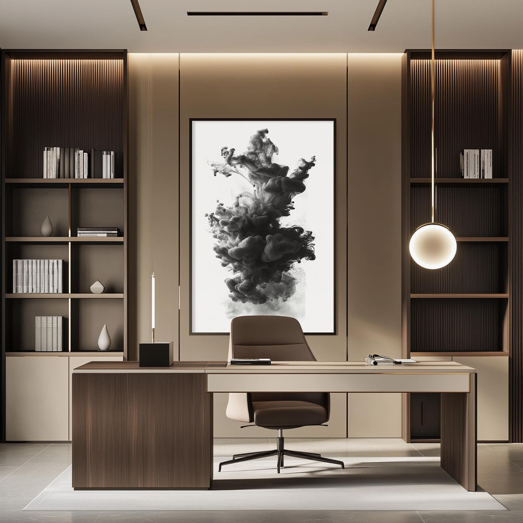 a modern and minimalist office space with a large abstract painting on the wall, a wooden desk with a chair, and built-in bookshelves.