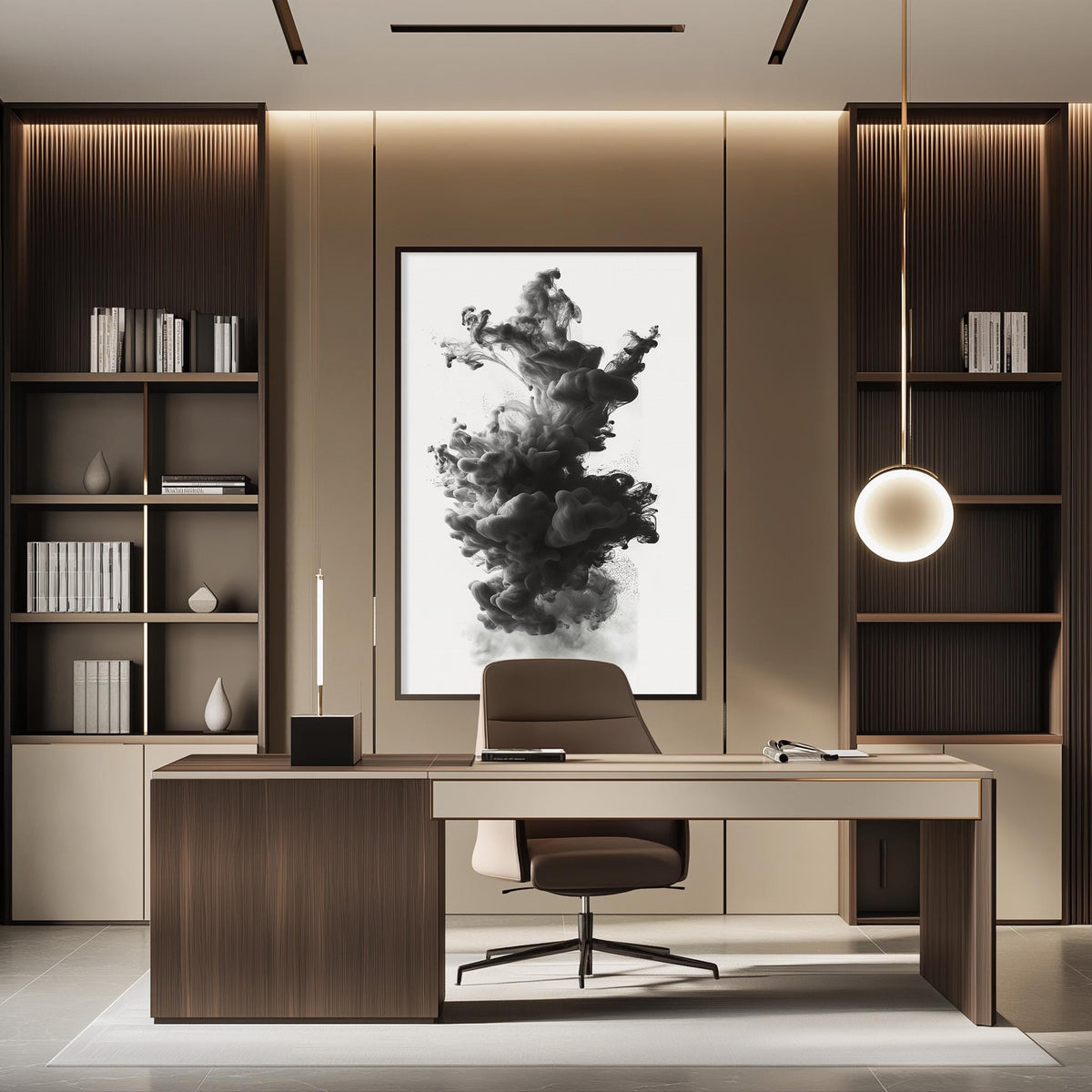 a modern and minimalist office space with a large abstract painting on the wall, a wooden desk with a chair, and built-in bookshelves.