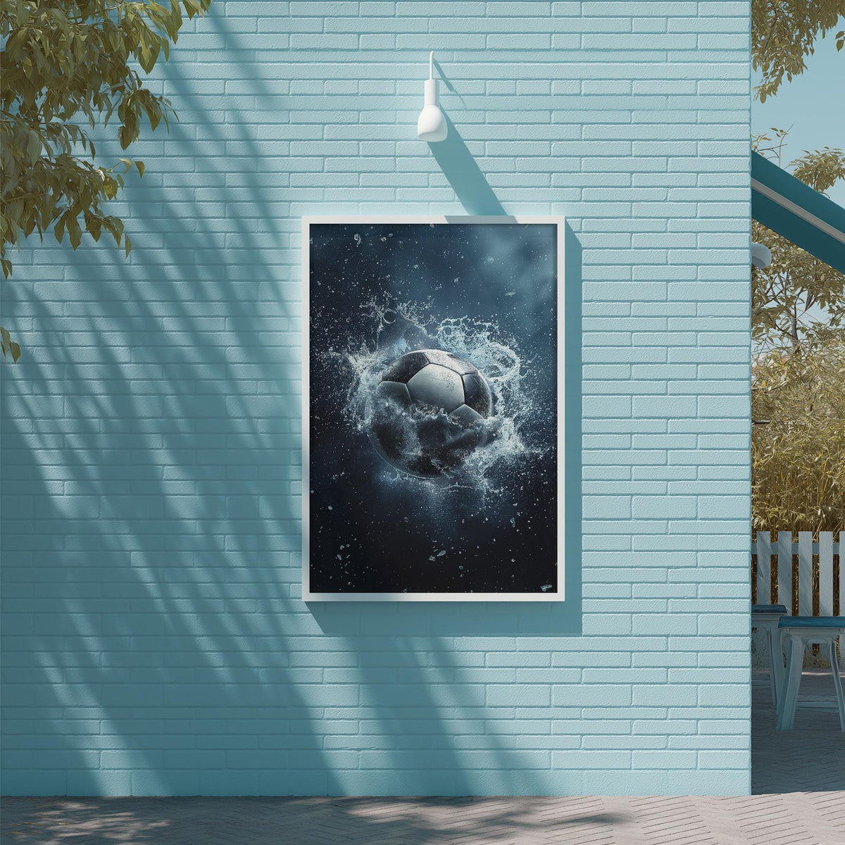 a framed poster of a soccer ball surrounded by water, mounted on a blue brick wall.