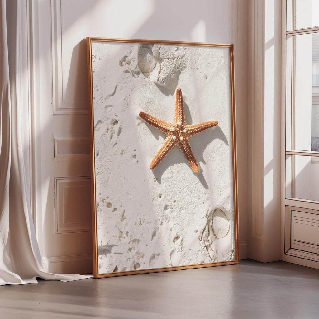 a framed photograph of a starfish on a white background.