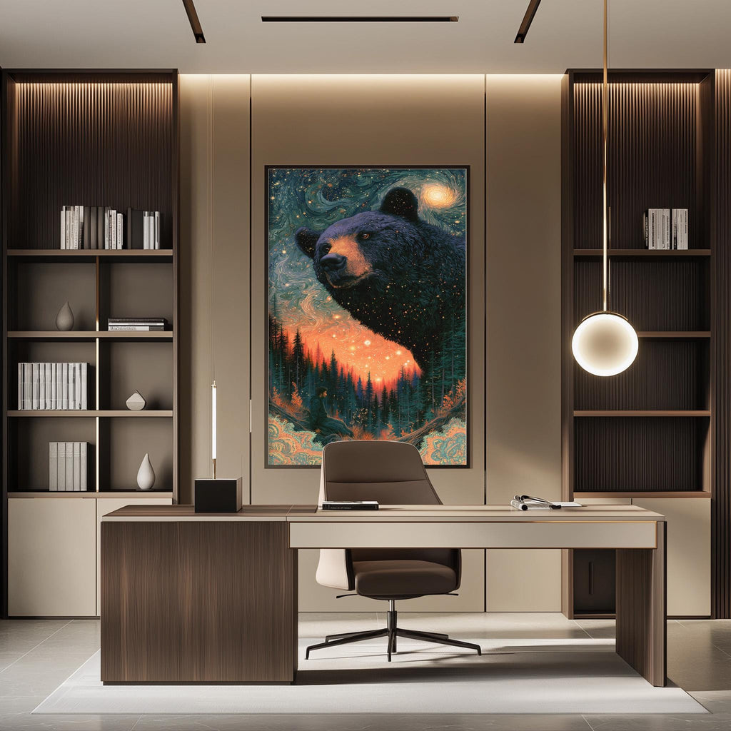 a modern office space with a large painting of a bear in the background, a wooden desk, and a chair.