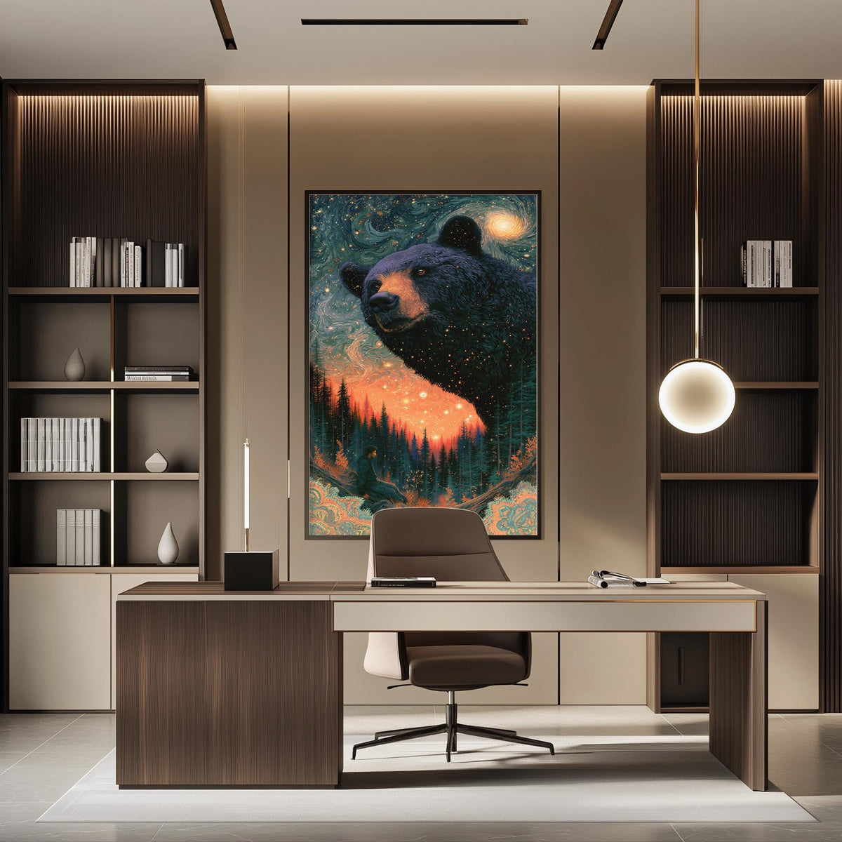 a modern office space with a large painting of a bear in the background, a wooden desk, and a chair.