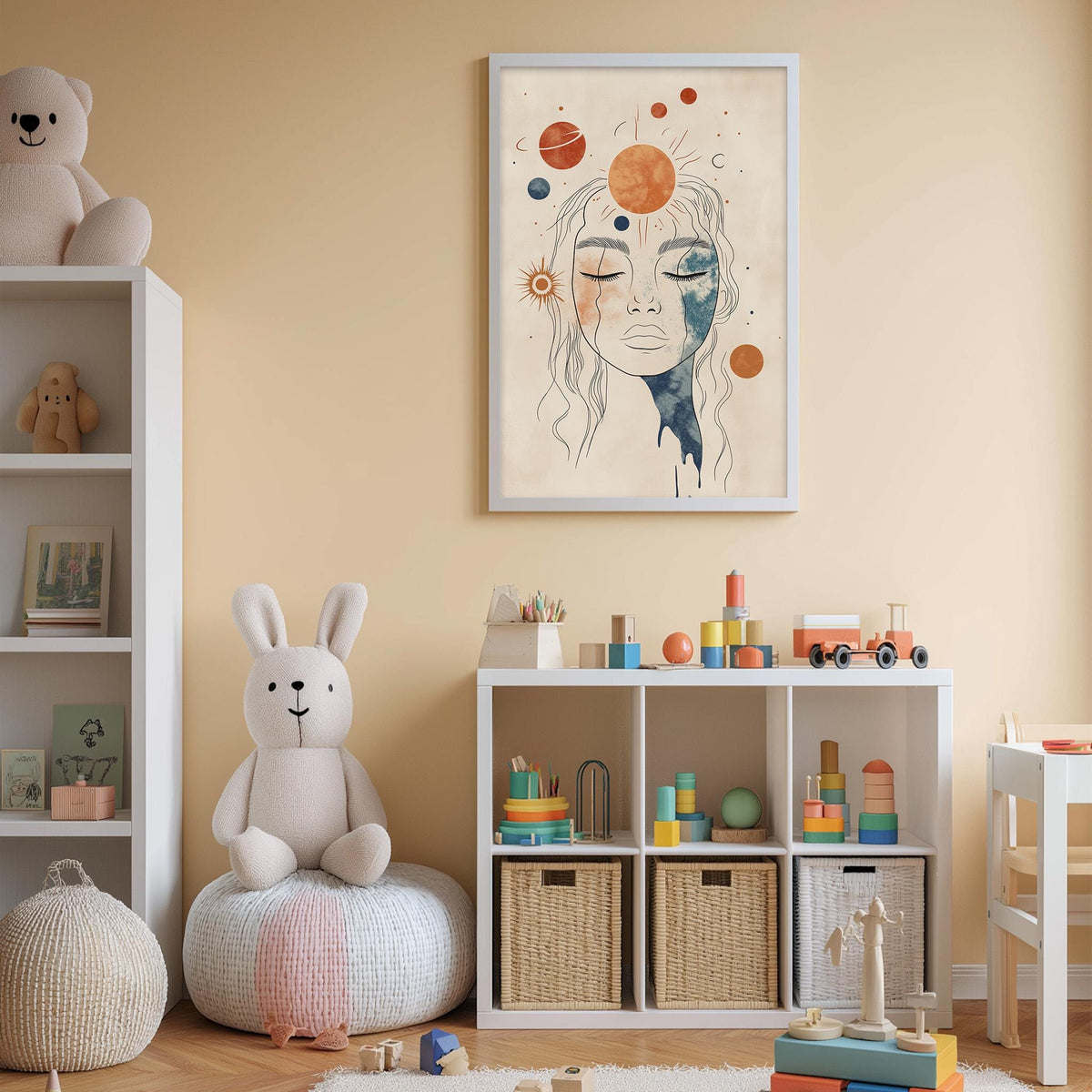 a cozy and colorful children's bedroom with a large stuffed rabbit, a bookshelf filled with toys, and a framed artwork featuring a woman's face with planets and stars above it.