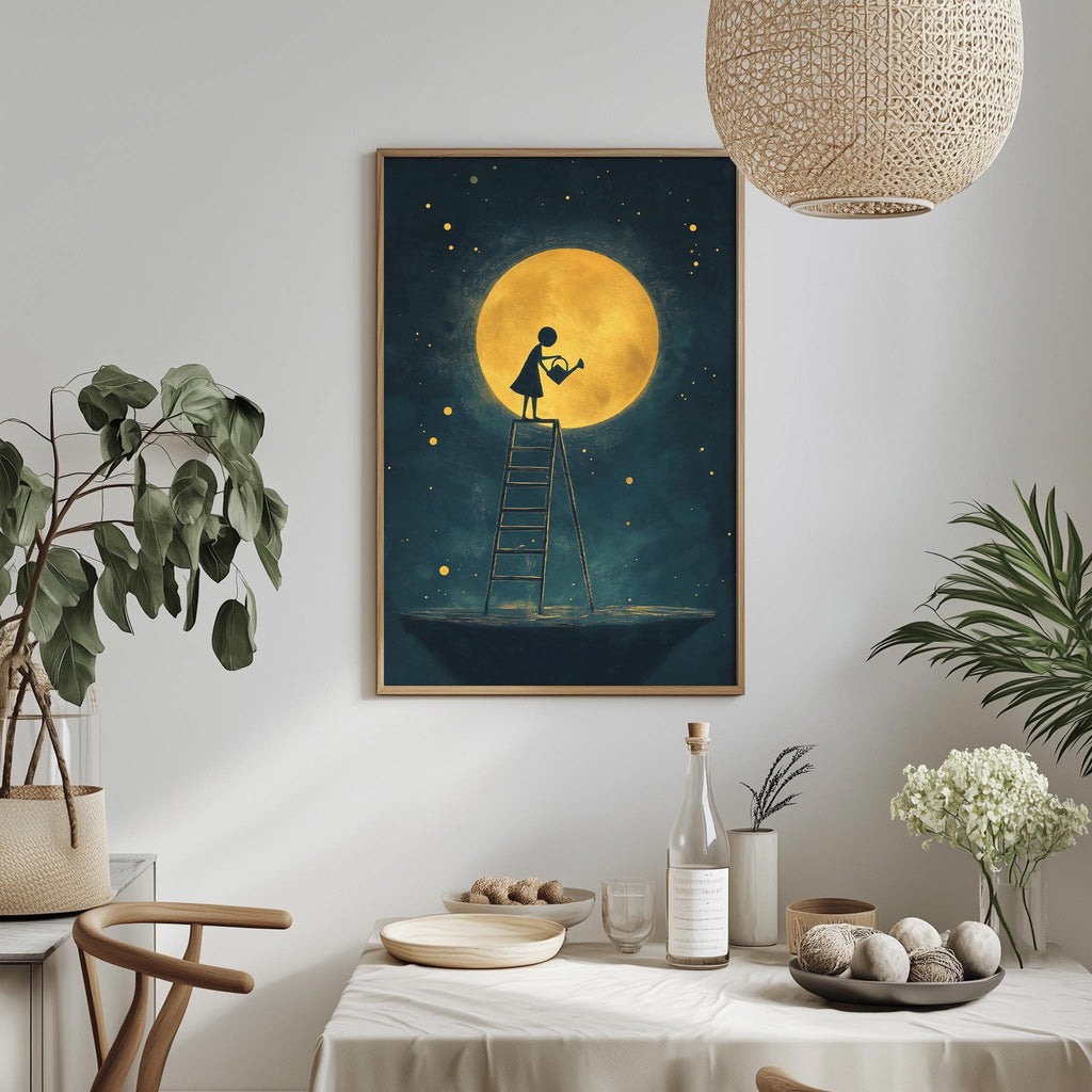 a painting of a person standing on a ladder, reaching up towards a large yellow moon in the night sky. The painting is hung on a wall above a table with various items on it, including a bottle, a bowl, and a vase.