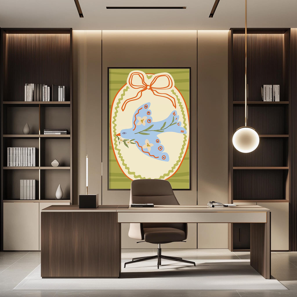 a modern office space with a large abstract painting on the wall, a wooden desk with a chair, and built-in bookshelves.