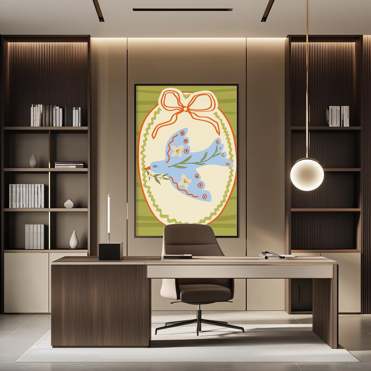 a modern office space with a large abstract painting on the wall, a wooden desk with a chair, and built-in bookshelves.