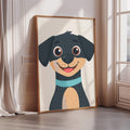 A framed illustration of a cartoon dog with a blue collar is displayed on a wall in a room.