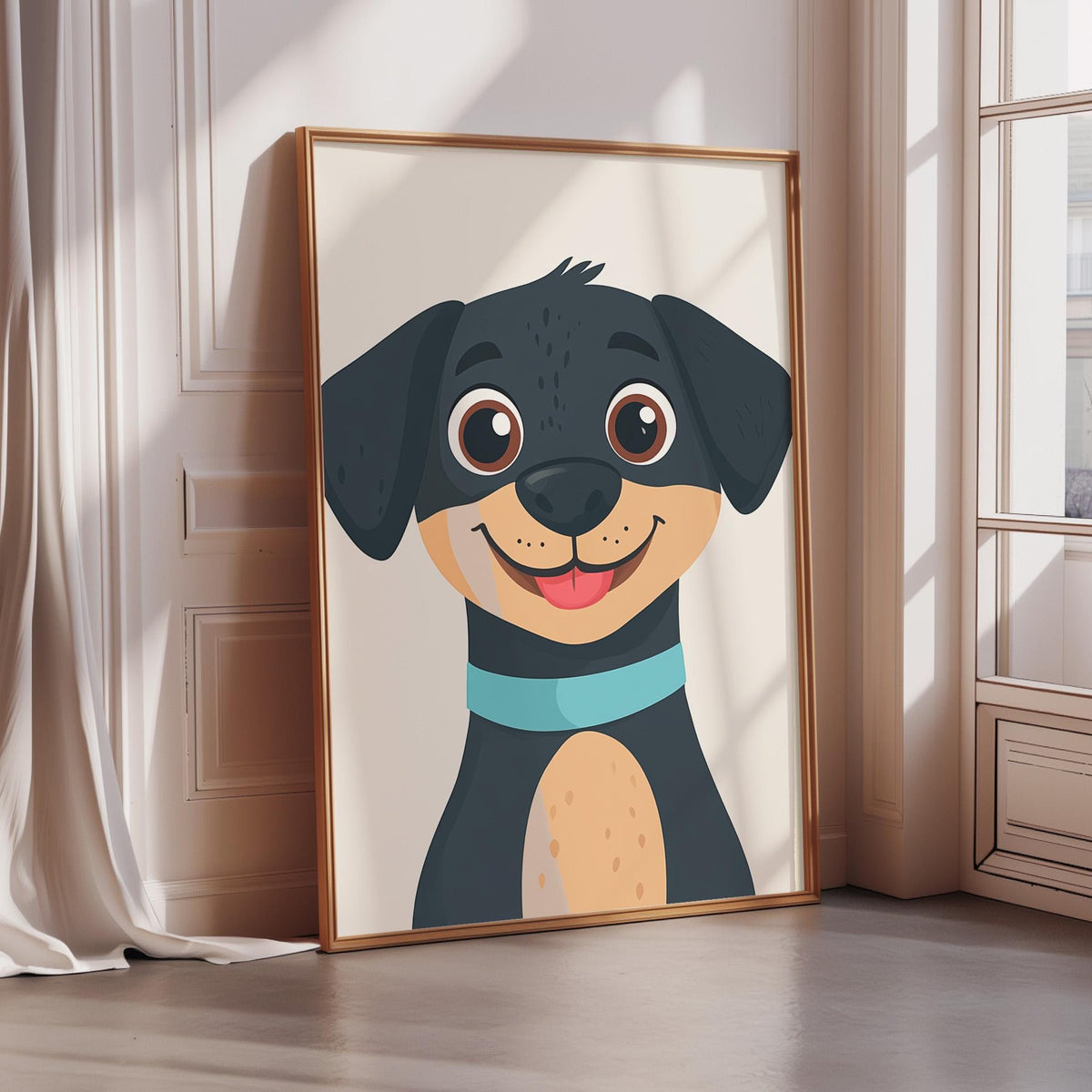 A framed illustration of a cartoon dog with a blue collar is displayed on a wall in a room.