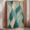 a large abstract painting with a vibrant color palette of blue, green, and yellow, displayed on a wall in a room with a window.