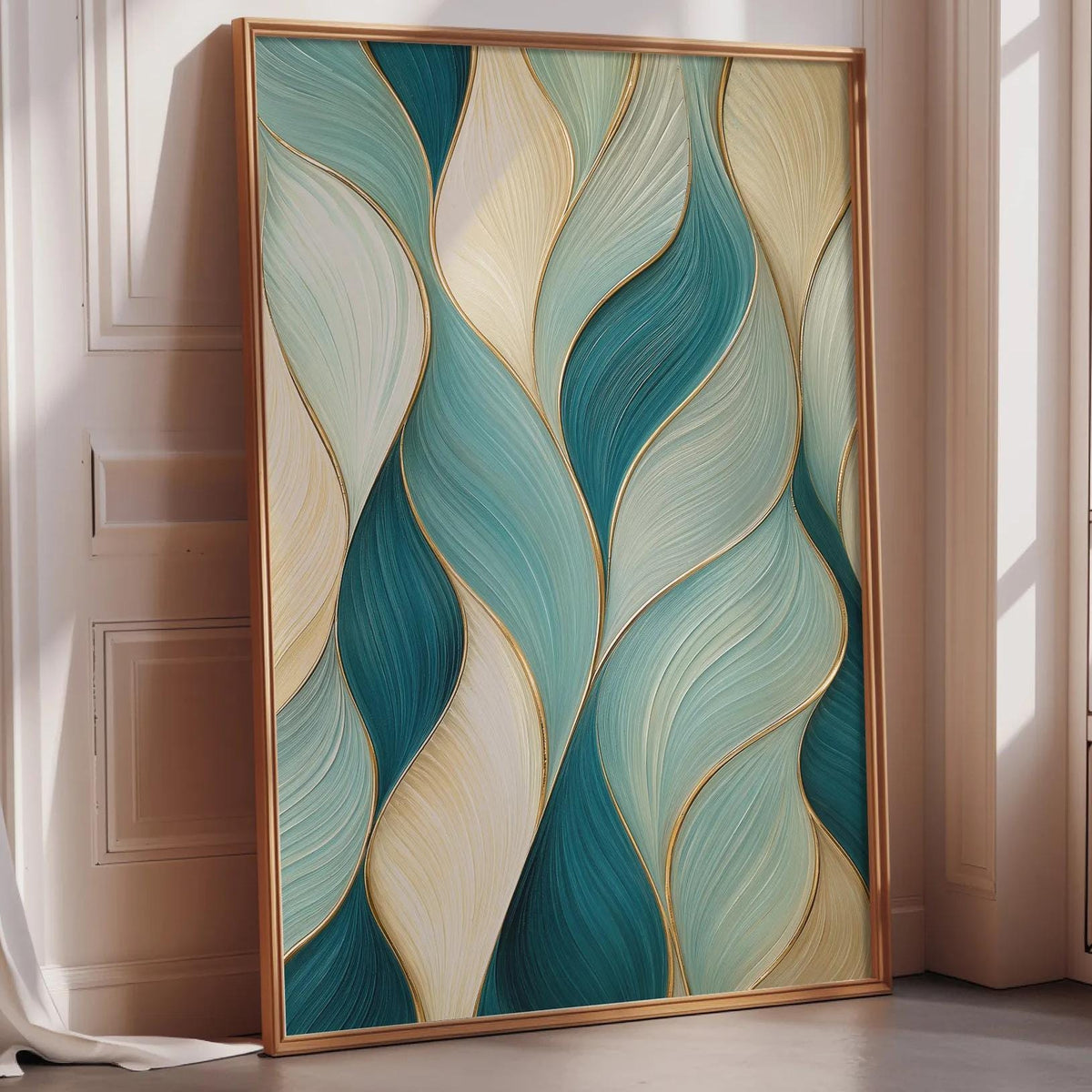 a large abstract painting with a vibrant color palette of blue, green, and yellow, displayed on a wall in a room with a window.