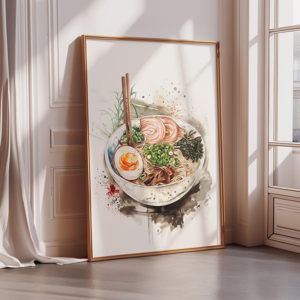 A framed watercolor painting depicting a bowl of ramen noodles with various toppings, including a fried egg, is displayed on a wall in a room with a window.