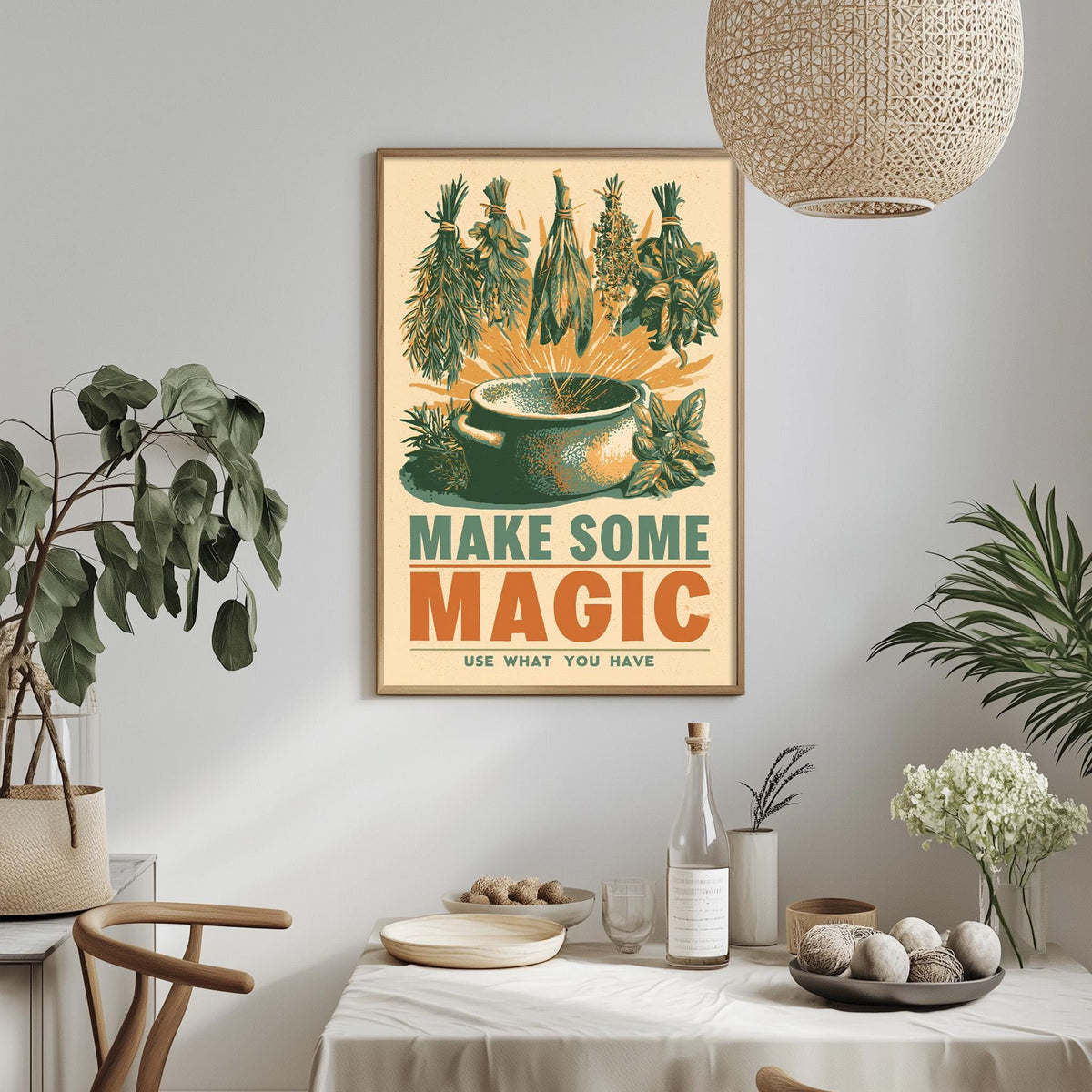 a framed poster with a vibrant illustration of a pot surrounded by various plants, hanging on a wall above a dining table with a white tablecloth.