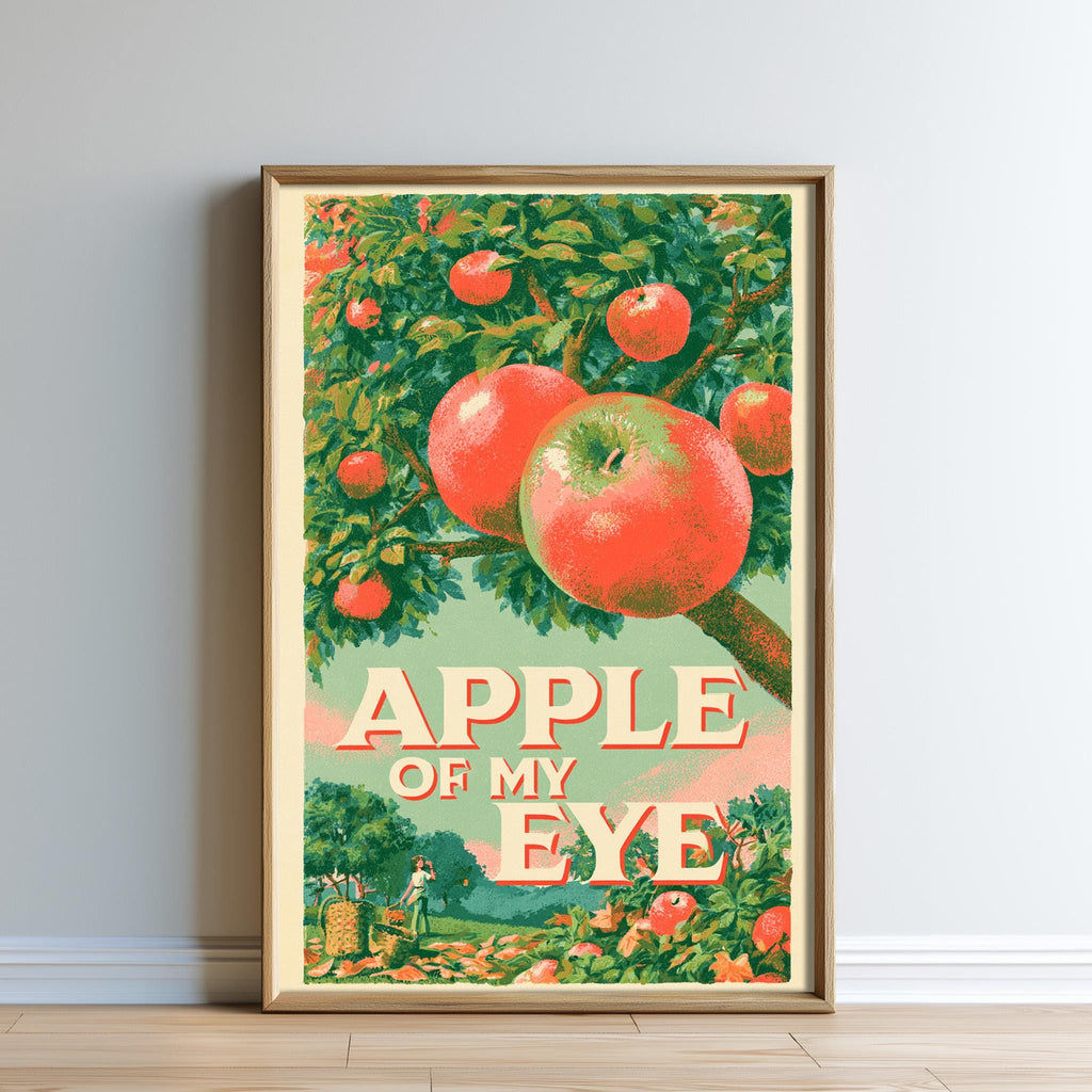 The image is a framed poster depicting a tree with apples hanging from its branches.