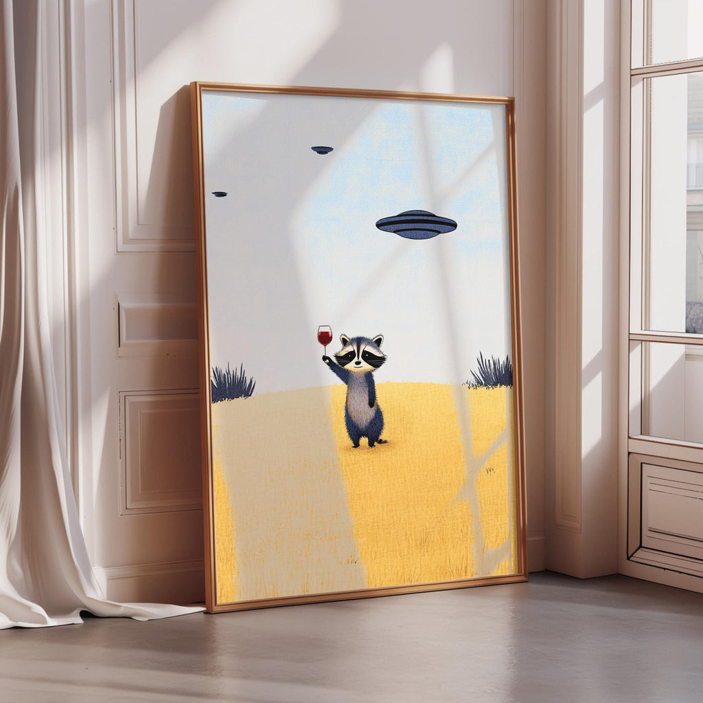 a raccoon holding a wine glass and standing on a yellow field, with a spaceship flying in the background.