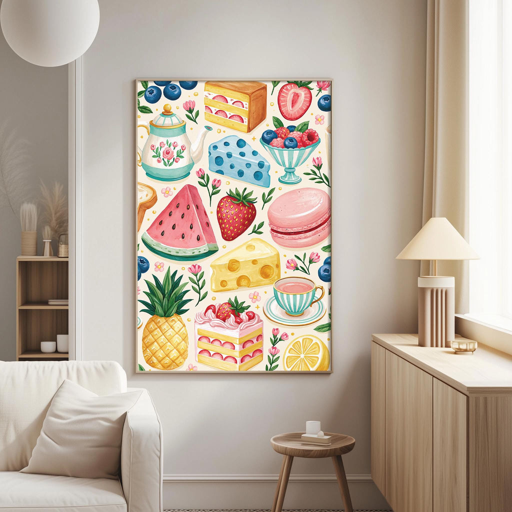 a vibrant and colorful illustration of various desserts and fruits, including a cake, strawberries, blueberries, a pineapple, and a lemon, all set against a light-colored background.