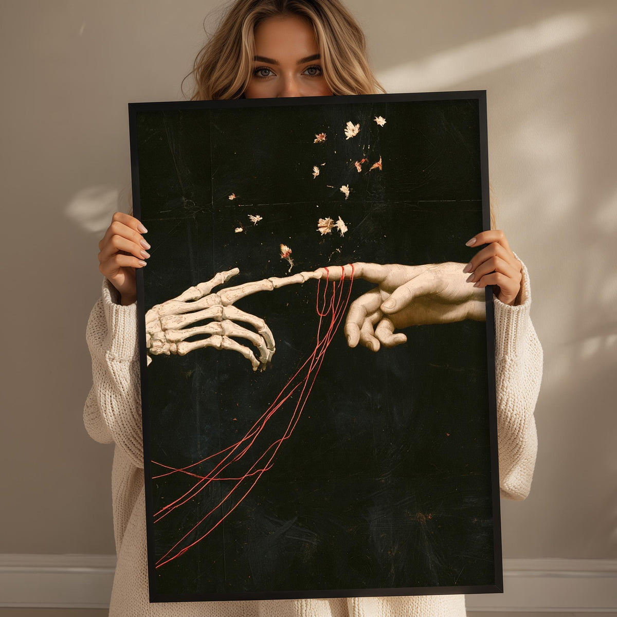 A woman holds up a framed artwork depicting a skeletal hand reaching out towards a red string, with a dark background and scattered red lines.