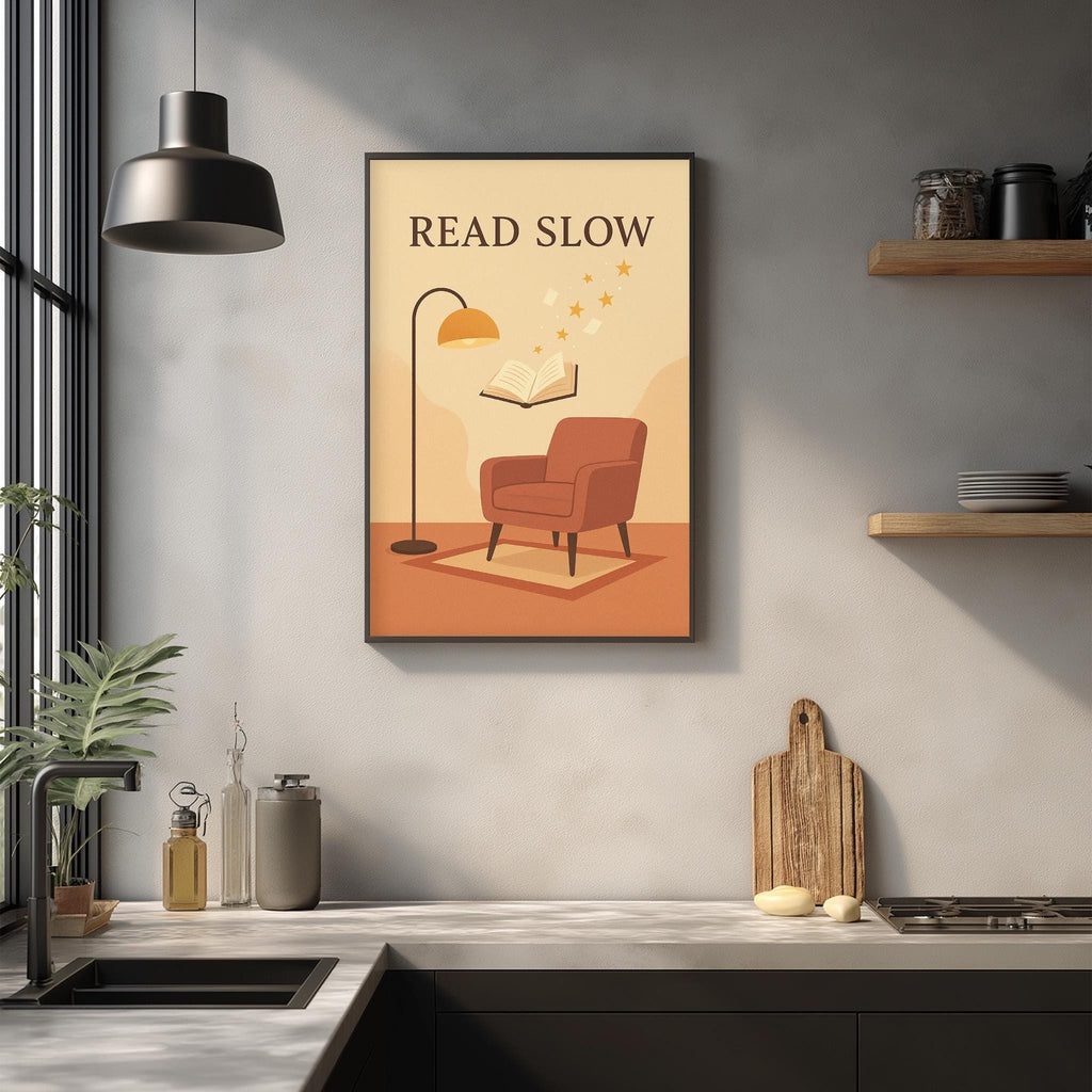 a kitchen counter with a framed poster that reads "Read Slow" above a chair and a lamp. The poster also includes a book and a plant, creating a cozy and relaxing atmosphere.