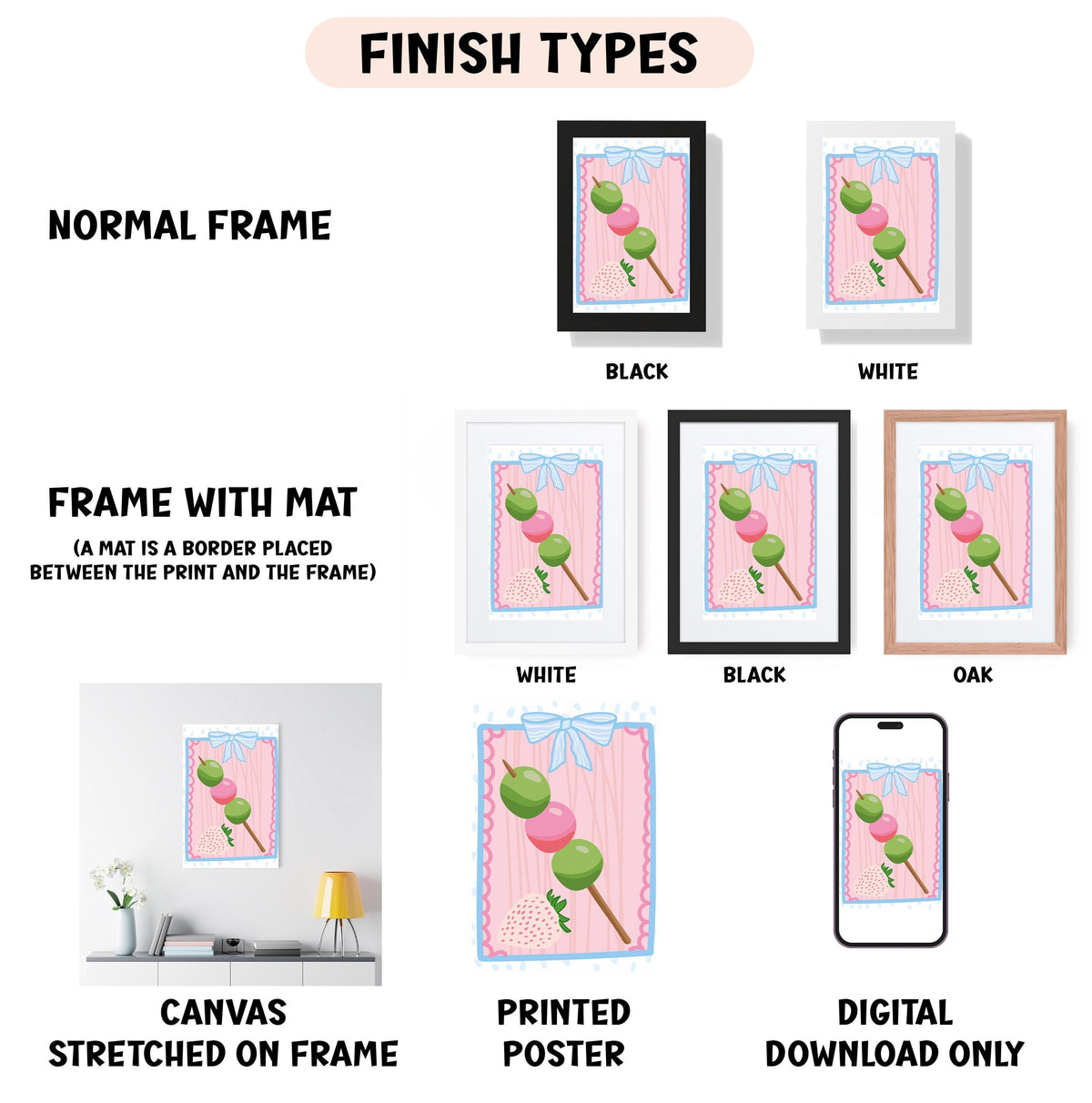 various types of framed artwork, including a normal frame, a frame with a mat, a white frame, a black frame, an oak frame, a canvas stretched on a frame, a printed poster, and a digital download only.