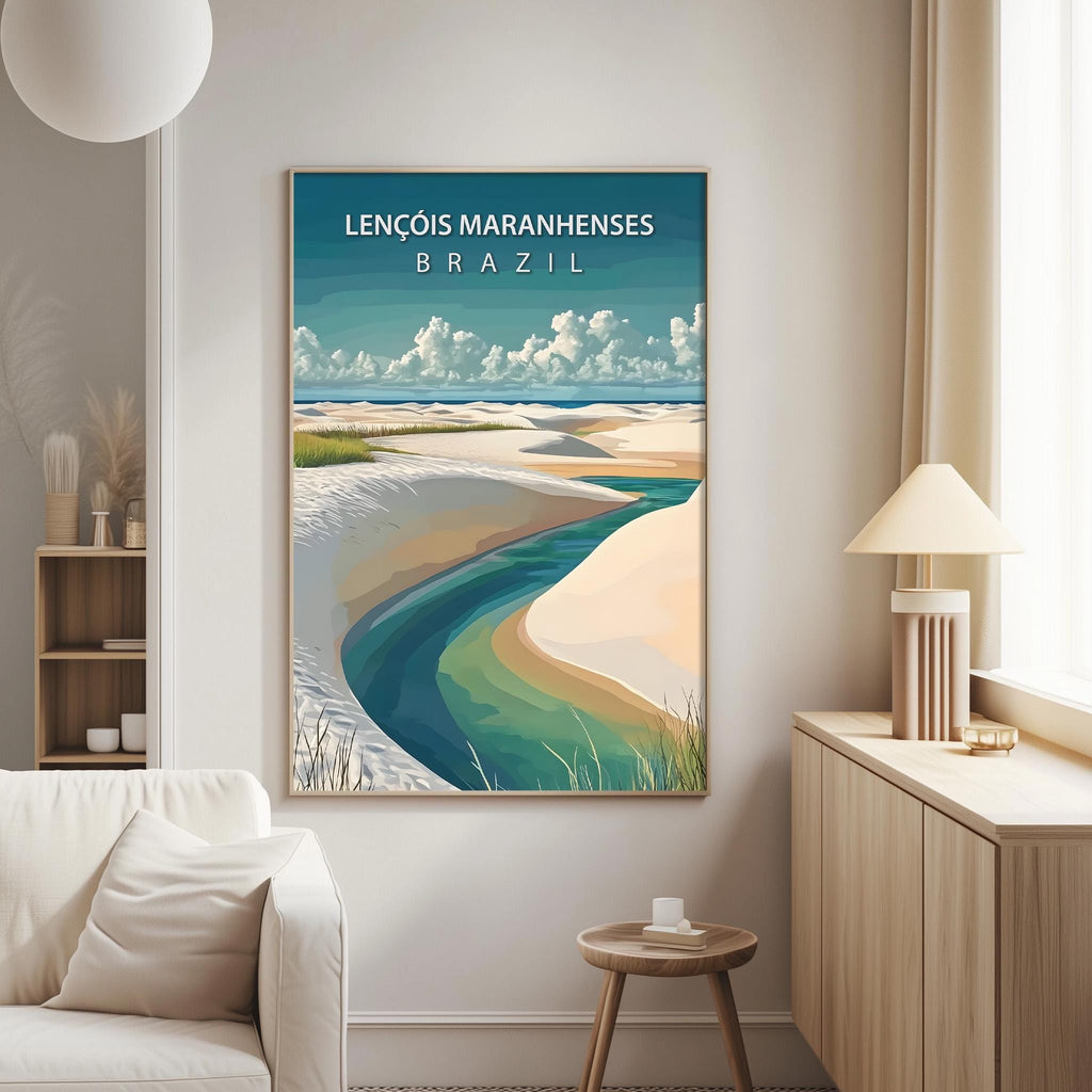 a large framed poster of a scenic landscape with a river, beach, and mountains, hanging on a wall in a living room.