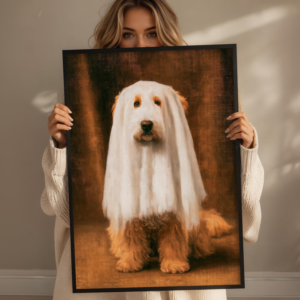 A woman holds up a framed picture of a fluffy white dog with a long, flowing coat.