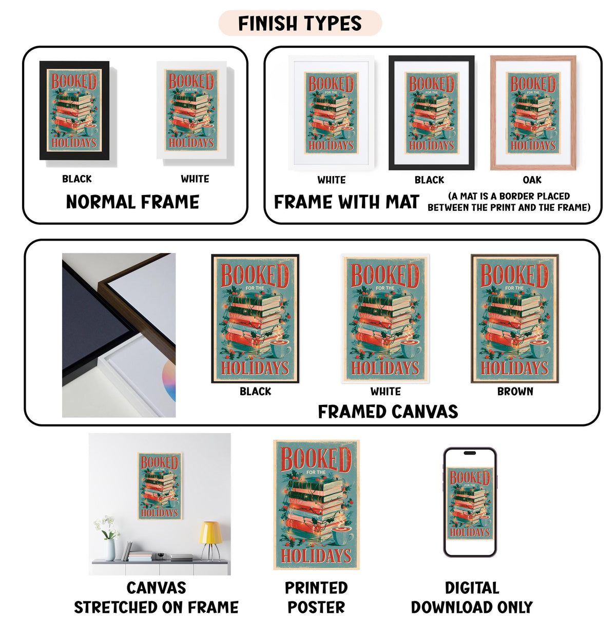 various types of framed artwork, including a poster, a canvas, and a printed poster, all featuring the same design with a stack of books and the word "BOOKED" prominently displayed.