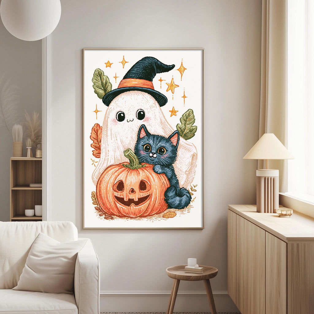 a Halloween-themed poster or painting hanging on a wall in a living room. The poster depicts a ghost, a witch, a cat, and a pumpkin, creating a spooky and festive atmosphere.