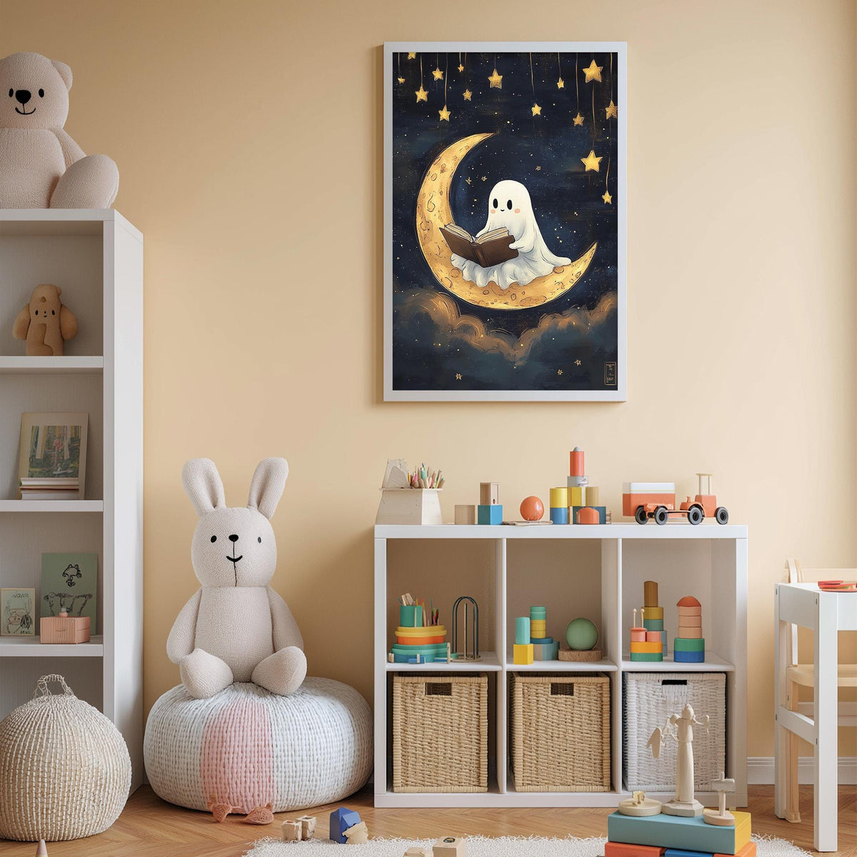 A cozy children's bedroom with a bookshelf, stuffed animals, and a night sky-themed poster on the wall.
