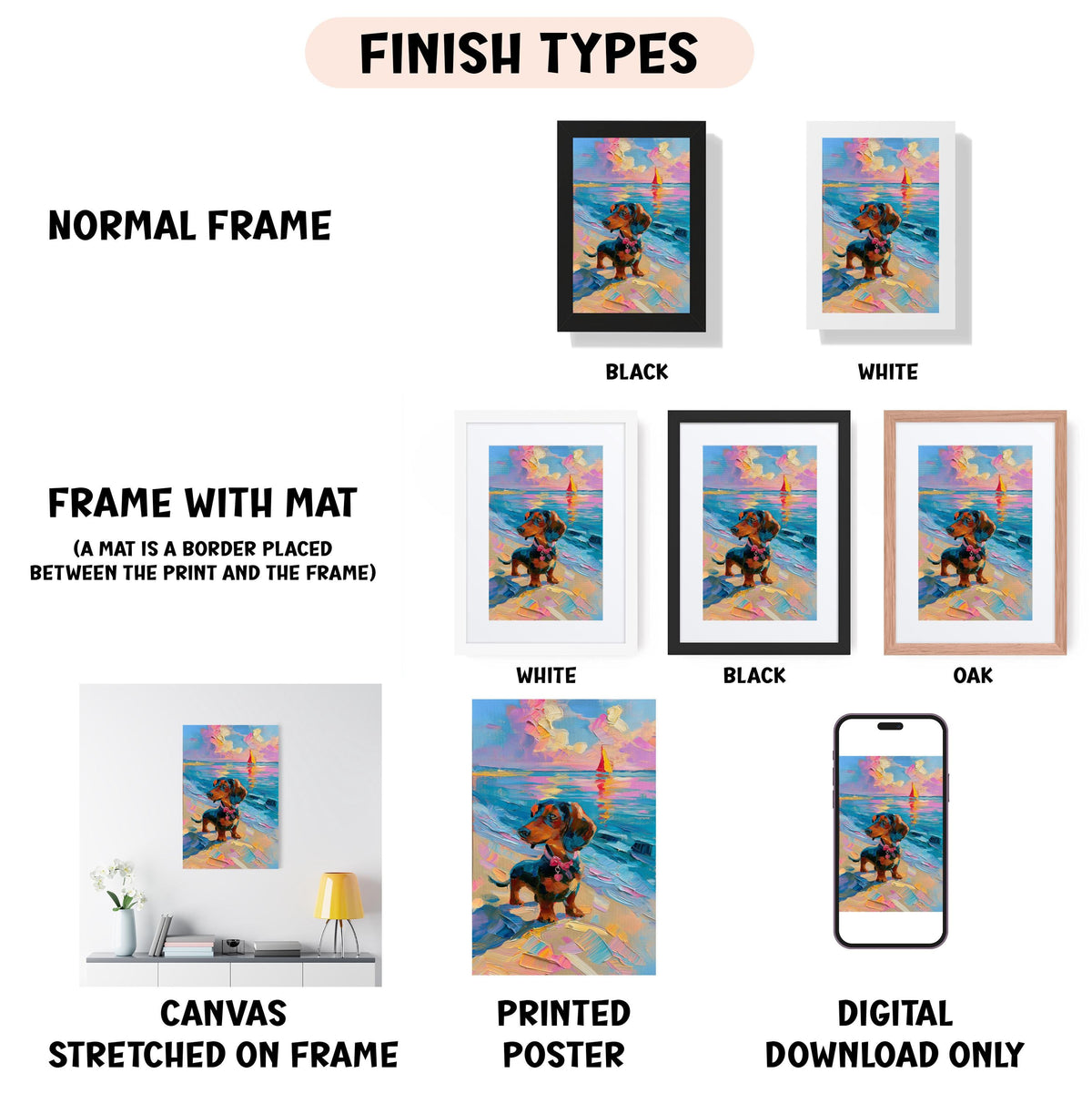 various types of artwork, including a canvas stretched on a frame, a framed poster, and a digital poster. The artwork is presented in different frame colors and styles, such as a normal frame, a black frame, a white frame, and an oak frame. The artwork is also described as a painting, a poster, and a digital poster, indicating that it is a diverse collection of artistic pieces.