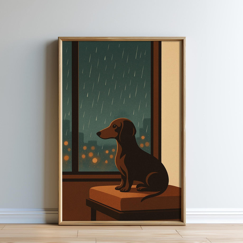 A framed illustration of a dog sitting on a bench, looking out a window at a rainy cityscape.
