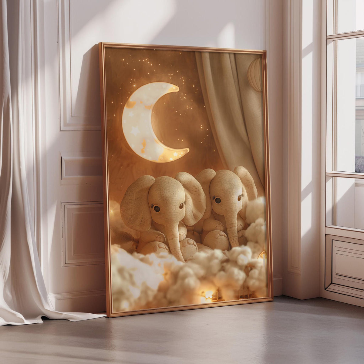 two elephants sitting together in a cozy, dreamy setting with a crescent moon and stars in the background.