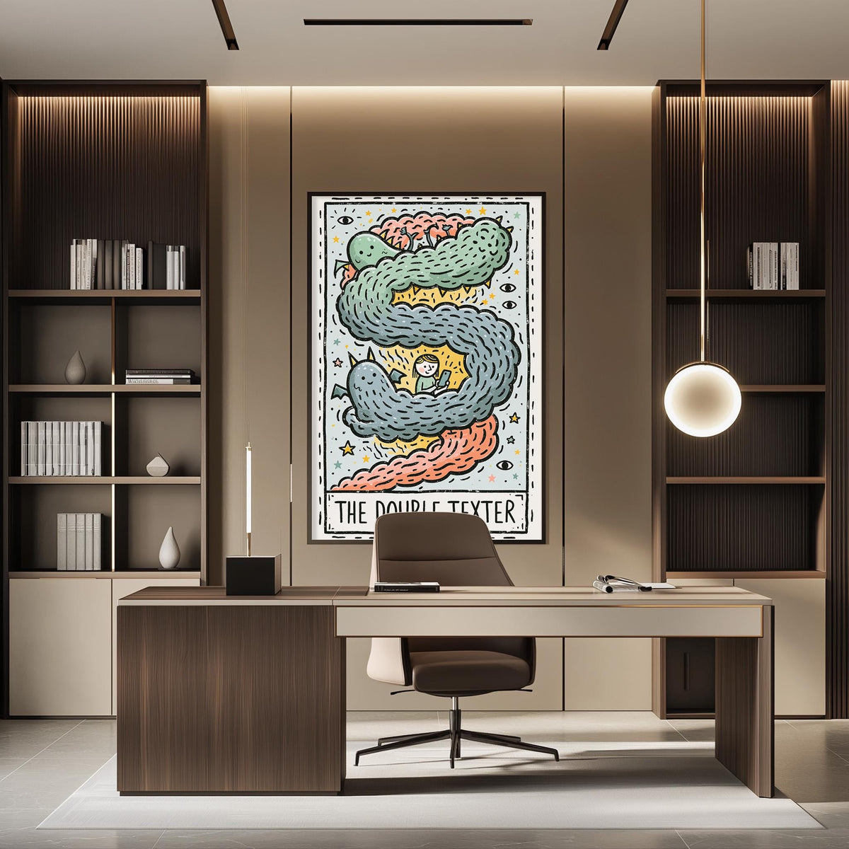a modern office space with a large, colorful poster of a snake on the wall. The office has a wooden desk and chair, and there are bookshelves on either side of the room.