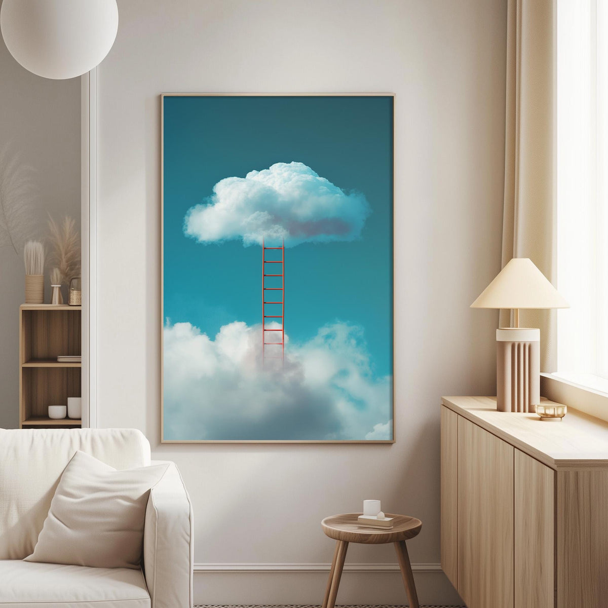 a large framed picture hanging on a wall, featuring a ladder leading up to a cloud-filled sky.