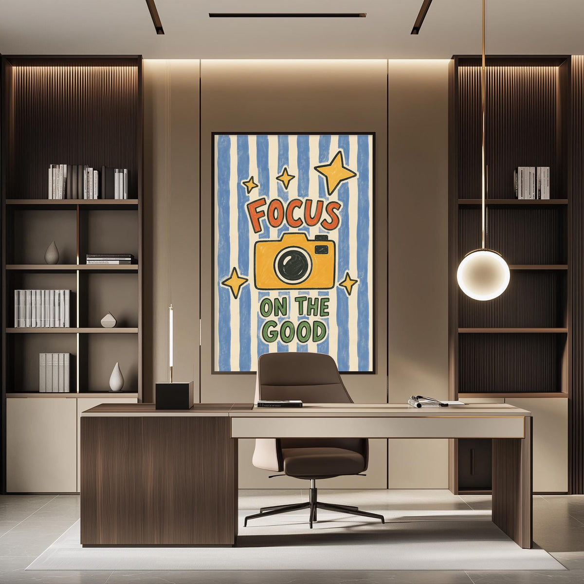 a modern office space with a large framed poster on the wall that says "Focus on the good". The office has a wooden desk, a chair, and a bookshelf. The overall design and decor of the space create a professional and comfortable atmosphere.