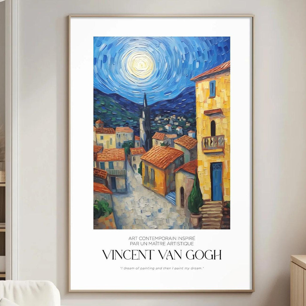 a large painting of a colorful village scene hanging on a wall in a living room.