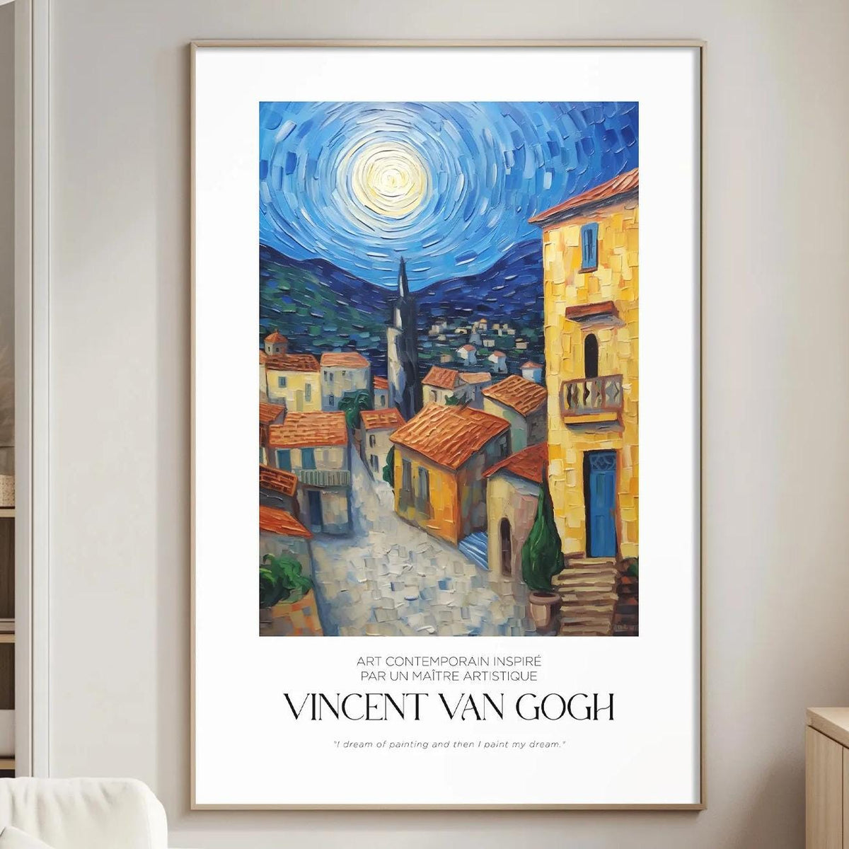 a large painting of a colorful village scene hanging on a wall in a living room.