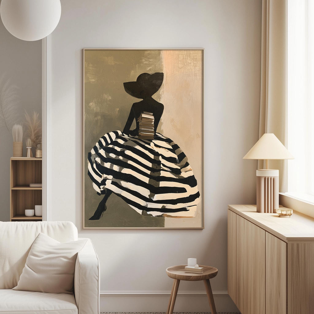 a living room with a large framed painting of a woman in a black and white striped dress hanging on the wall. The painting is the focal point of the room, which also includes a white sofa, a wooden side table, and a lamp.
