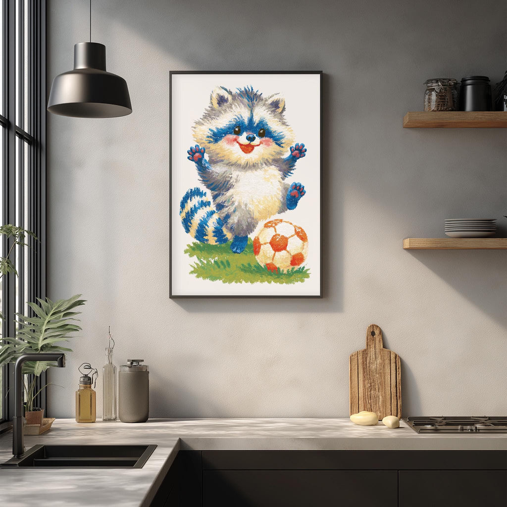 a framed illustration of a raccoon playing with a soccer ball, hanging on a wall in a kitchen setting.