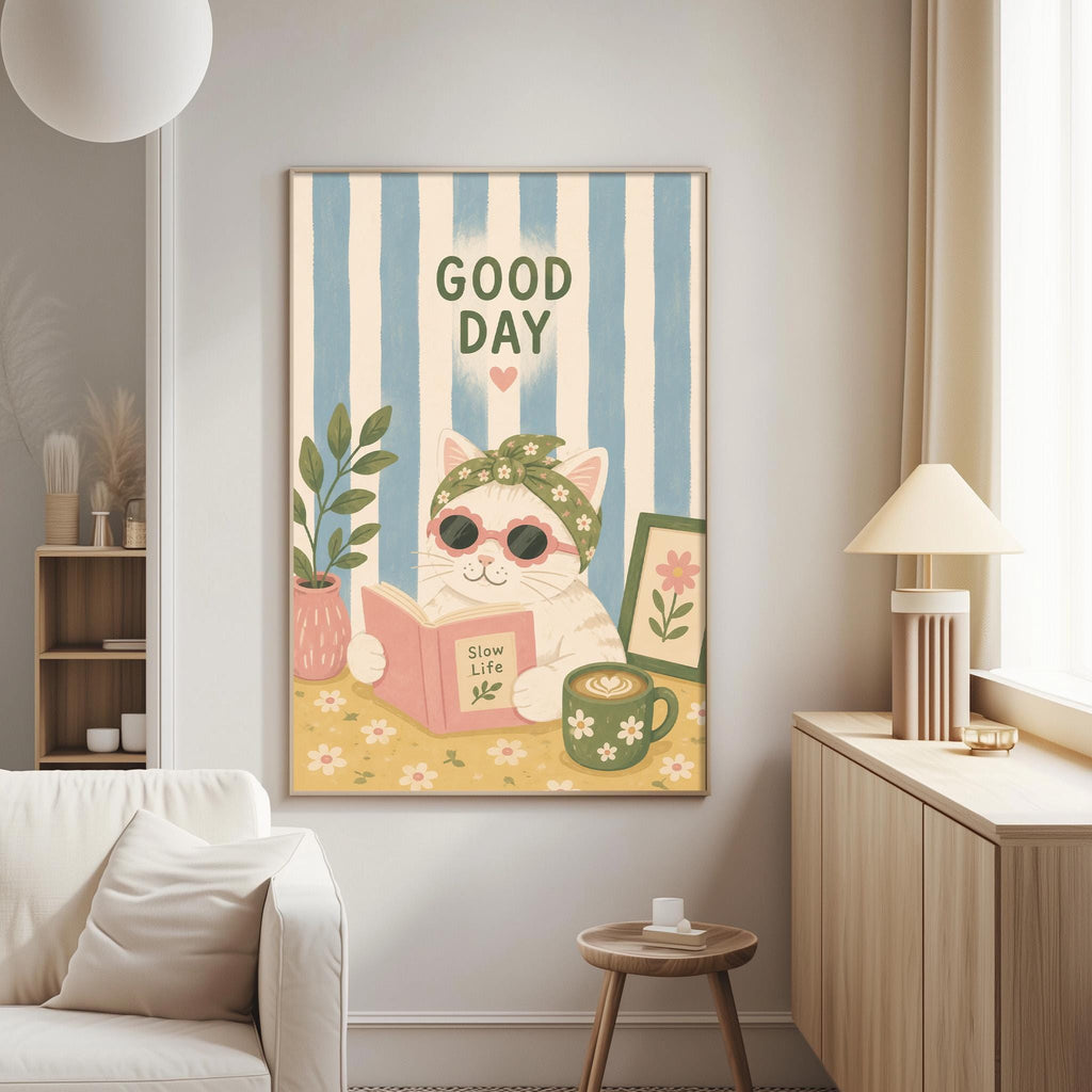 a cozy living room with a large framed poster of a cat reading a book, surrounded by flowers and a lamp.