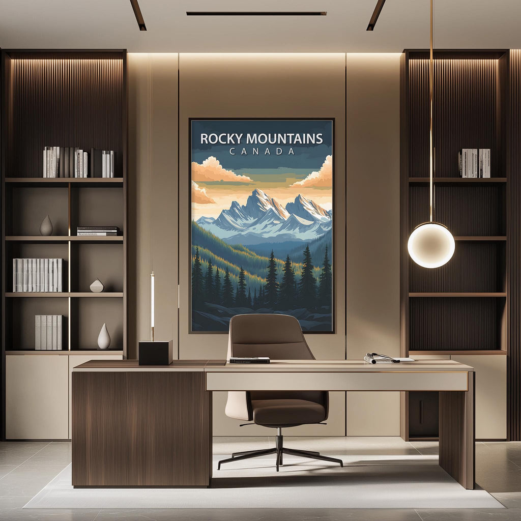 a modern office space with a large framed poster of Rocky Mountains Canada hanging on the wall. The poster is the focal point of the room, with a desk and chair positioned in front of it. The office has a minimalist and contemporary design, with a wooden desk, a round light fixture, and a bookshelf filled with books.