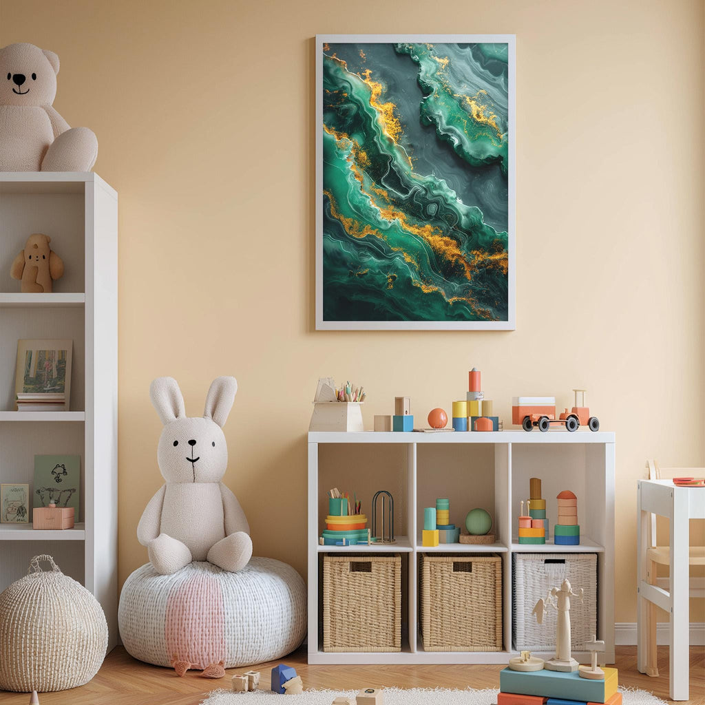 A cozy and colorful children's bedroom with a large abstract painting on the wall, a white bookshelf filled with toys, and a plush rabbit sitting on a bean bag chair.