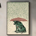 a framed illustration of a dog sitting under an umbrella, with a green background and a red umbrella.