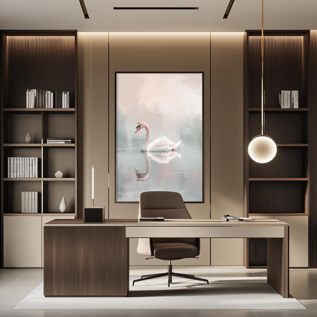 a modern and stylish office space with a large framed picture of a swan on the wall, a wooden desk, and a comfortable-looking chair.