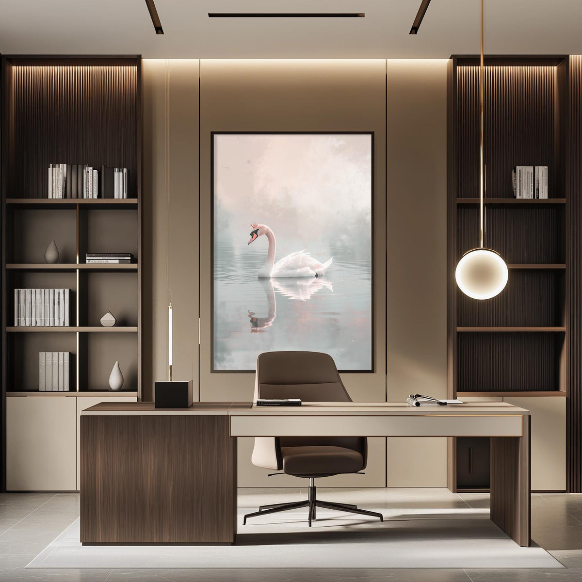 a modern and stylish office space with a large framed picture of a swan on the wall, a wooden desk, and a comfortable-looking chair.