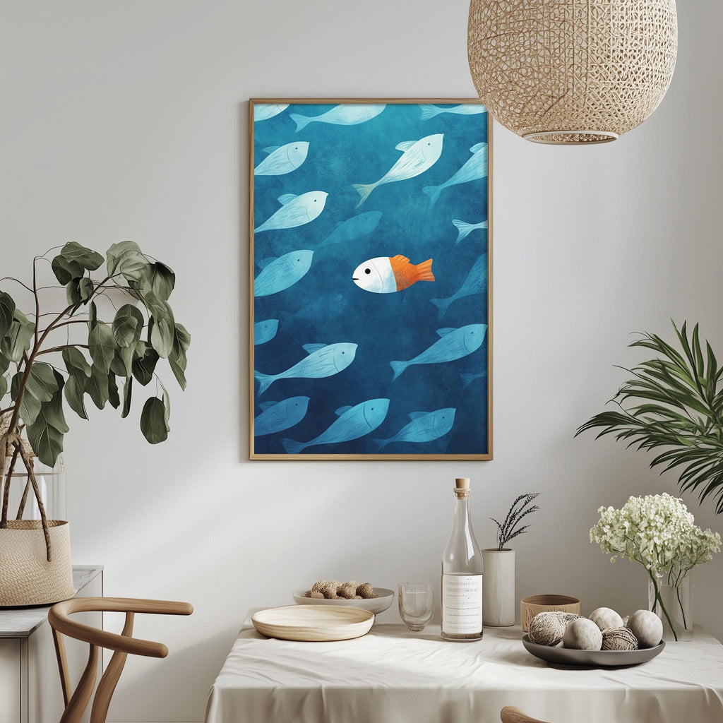 a dining table with a white tablecloth, a bowl of fruit, a bottle, and a vase with flowers. Above the table, there is a framed painting of a fish swimming in the ocean.