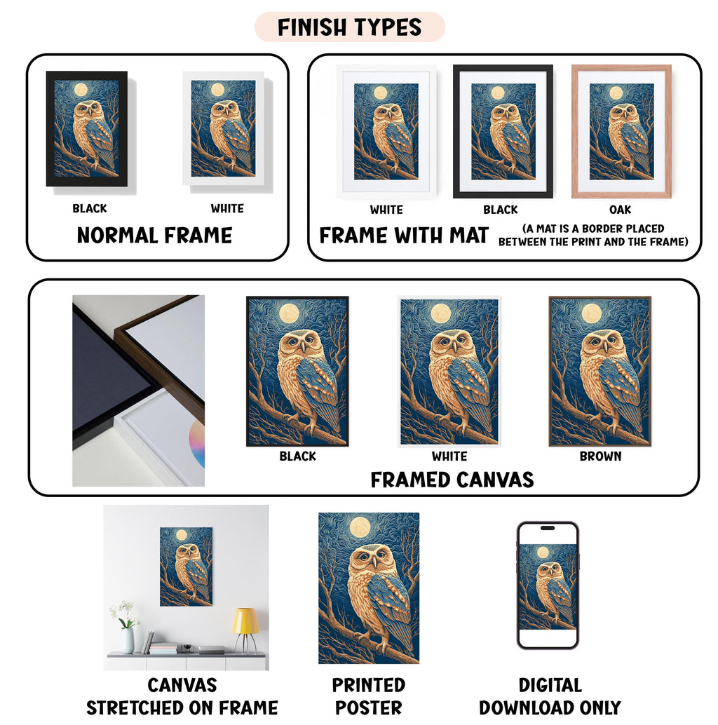 various images of a framed artwork of an owl, including different finish types such as black, white, and brown, as well as framed canvas and stretched canvas options.