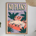 a framed poster with a cat illustration, hanging on a wall above a dining table with various decorative items and plants.