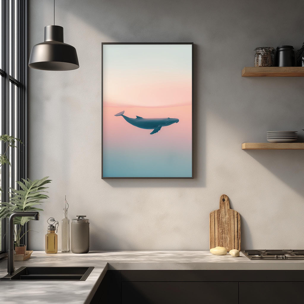 a framed picture of a whale on a wall in a kitchen setting.