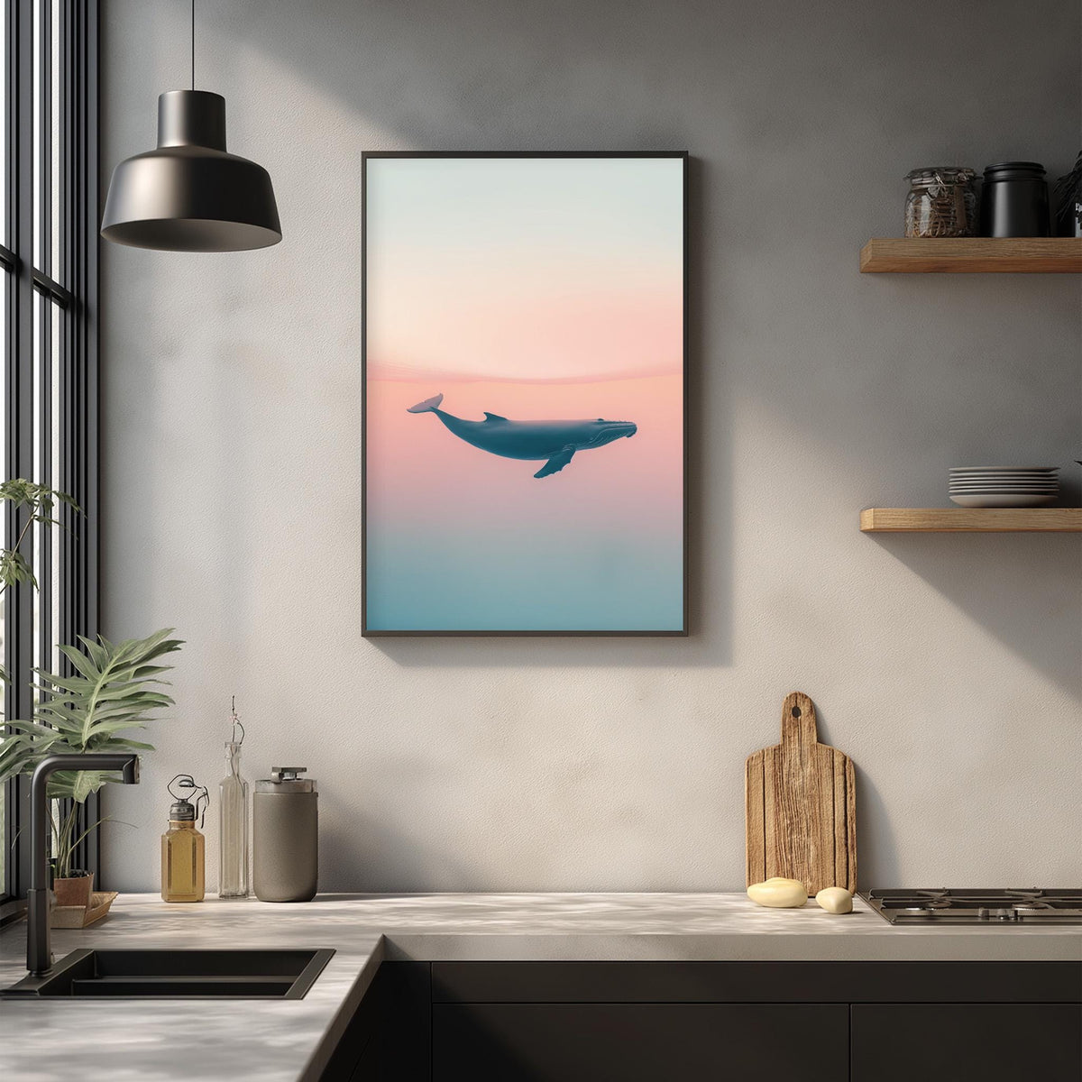 a framed picture of a whale on a wall in a kitchen setting.