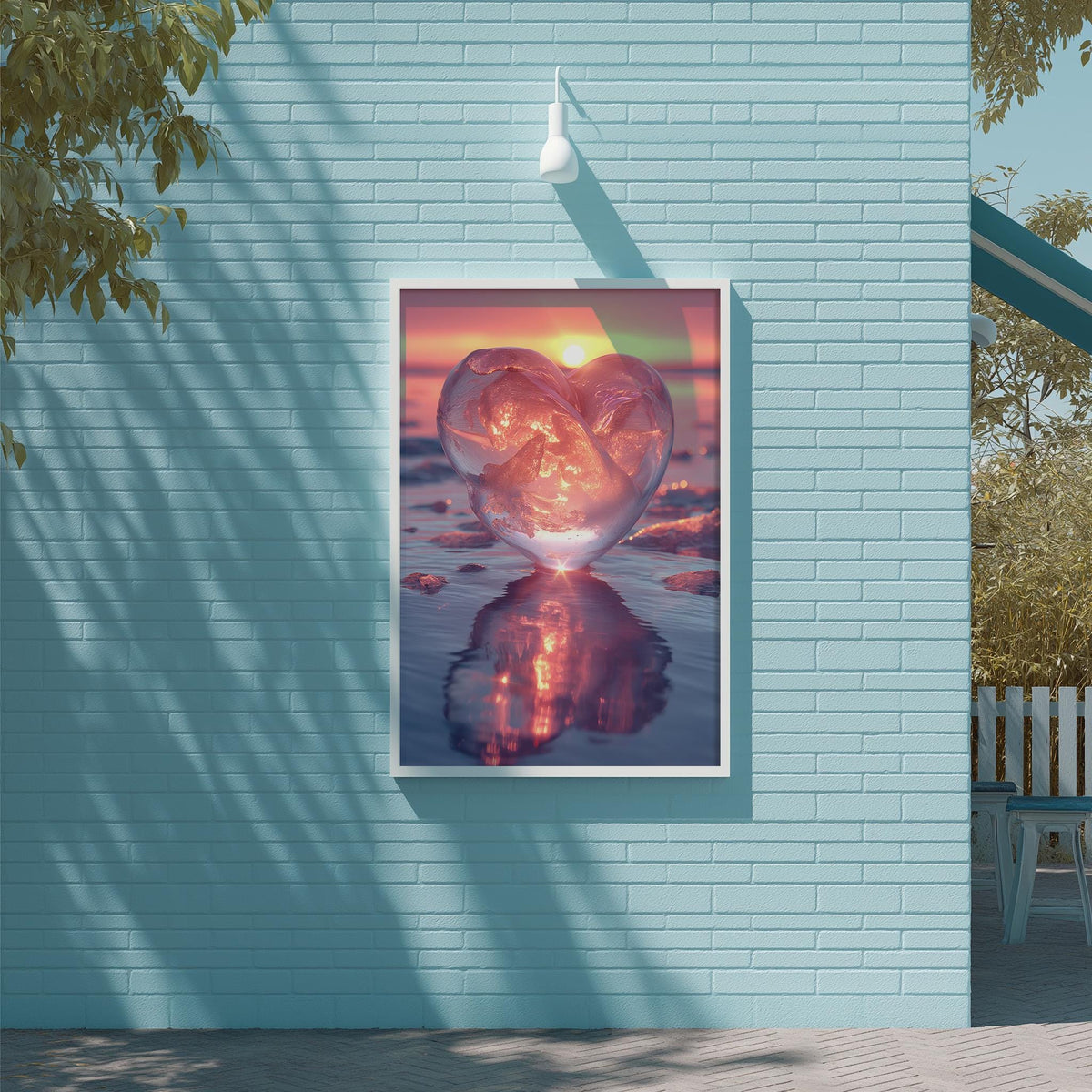 a large, heart-shaped glass sculpture mounted on a blue brick wall, with a warm sunset reflected in the glass.